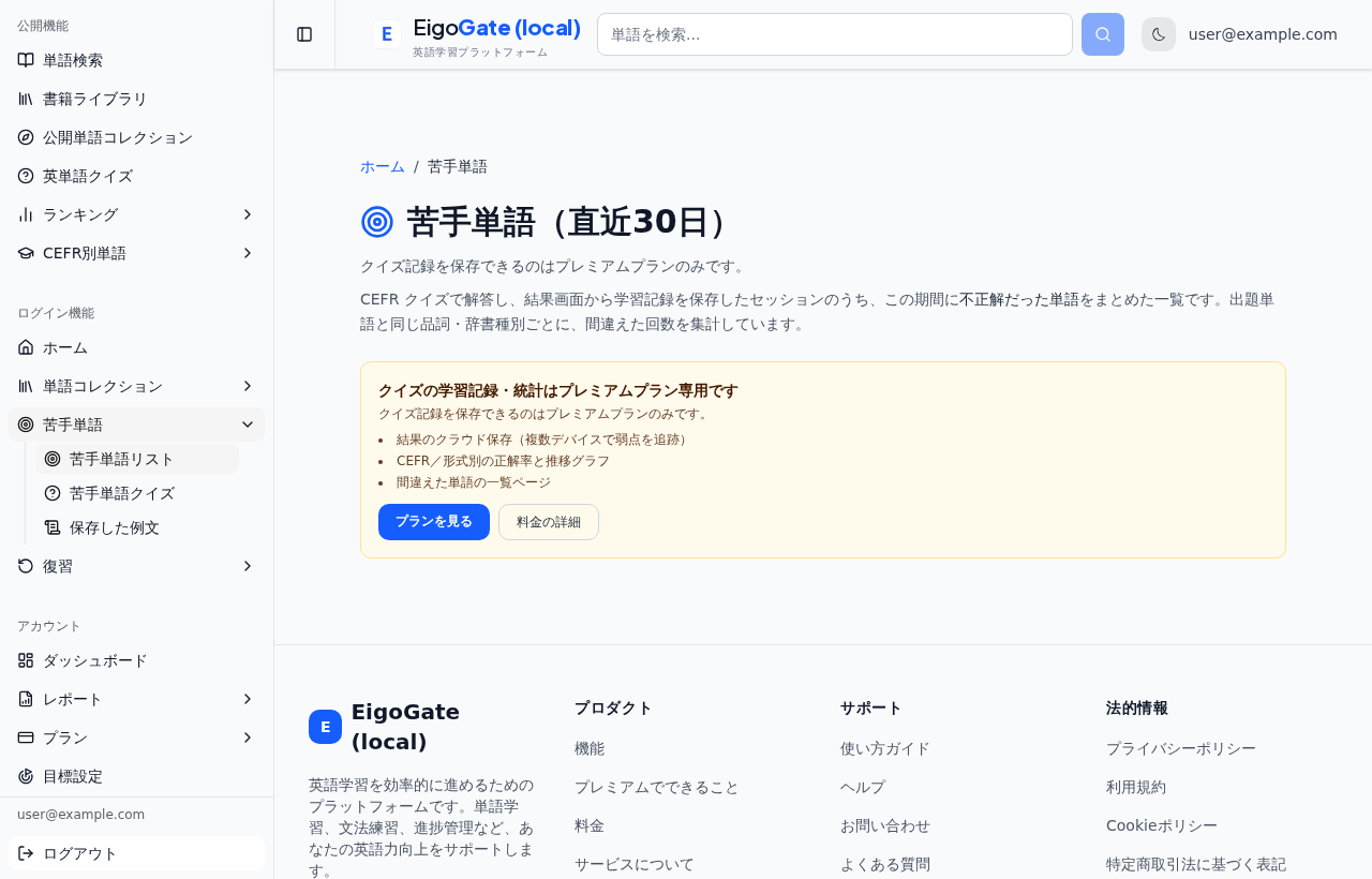 苦手単語ページ。プレミアム向けである旨とアップセル案内が表示されている。