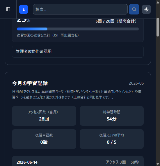 学習ダッシュボードの「今月の学習記録」。アクセス回数（当月）28回・総学習時間54分・復習単語数・復習スコアの平均がカードで表示されている。